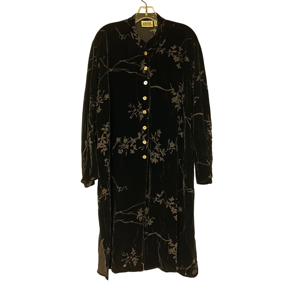 Chicos Design Black Silk Blend Burnout Velvet Floral Duster Cardigan Jacket Sz 3